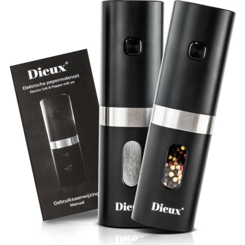 Dieux - Peper en Zoutmolen set - Elektrisch - Pepermolen - Zoutmolen - 2 stuks - Instelbare maalgraad - Hervulbaar - Barbecue - BBQ accesoires - Luxe kwaliteit
