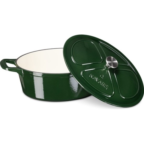Navaris gietijzeren braadpan met deksel - Dutch oven - Geëmailleerde pan - Geschikt voor inductie, gas en elektrisch koken - Ovaal - Donkergroen