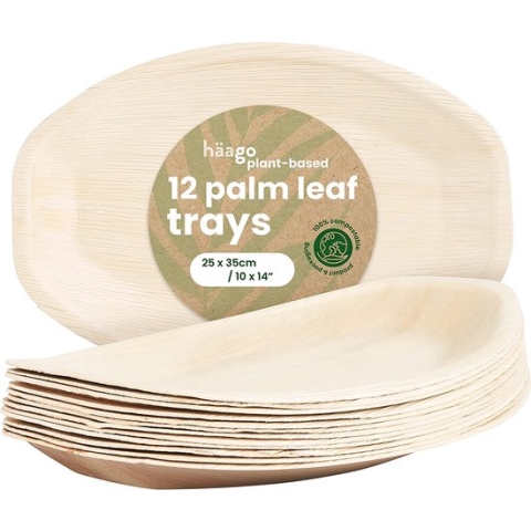 HAAGO 12 Palmblad Dienbladen/Schaaltjes (25x35cm) Biologisch afbreekbaar - Milieuvriendelijk voor Bruiloft, Picknicks & BBQ - Magnetronbestendig