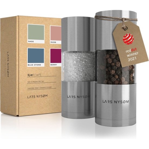 LARS NYSØM - 'Sjæl' Peper en zoutmolen set - Verstelbare maalgraad - Roestvrijstaal - Stainless Steel