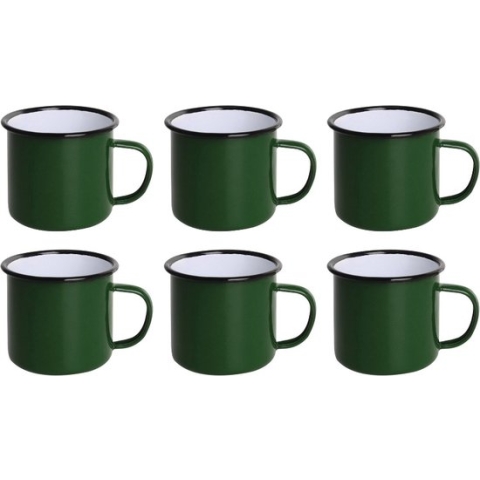 Olympia Emaille Mok 35cl - Emaille Beker Groen / Zwart - Emaille Servies ( Set van 6 )