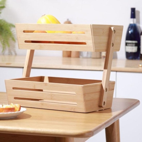 Decopatent® 2 Laags Dubbele Fruitschaal - Bamboe hout - Staande Fruitmand etagere - Afm: 32 x 19.5 x 23 Cm.