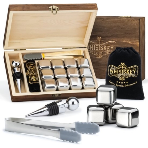 Whisiskey Luxe Whiskey Stones Set RVS - 12 stuks - Fluwelen Opbergzak - Flessenstopper - IJstang - Herbruikbare IJsblokjes - RVS Whiskey Stenen Voor Glazen - Accessoires - IJsklontjes Metaal - Drank Koeler