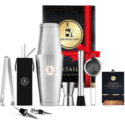 Bar Dedicated - Cocktail set Zilver 13 Delig - Cocktail Shaker Set met Jigger - Boston Shaker Incl. Receptenboek en Cadeauverpakking
