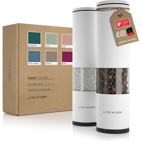 LARS NYSØM - 'Lagom' Peper en zoutmolen set - Verstelbare maalgraad - Roestvrijstaal - Snow White