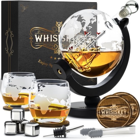 Whisiskey Whiskey Karaf - Wereldbol - Luxe Whisky Karaf Set - 0,9 L - Decanteer karaf - Whiskey Set - Incl. 4 RVS Whiskey Stones, 2 Whiskey Glazen & Extra Accessoires