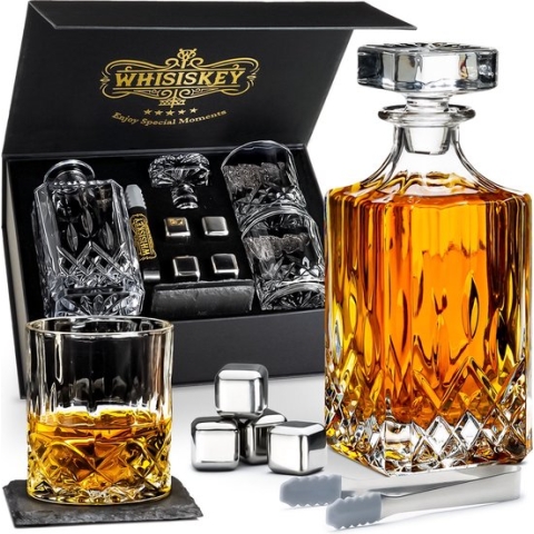 Whisiskey Whiskey Karaf - Klassiek - Whiskey Glazen - Luxe Whiskey Karaf Set - 0,8 L – Decanteer Set - Whisky Set - Incl. 2 Tumbler Glazen, 4 RVS Whiskey Stones - Peaky Blinders