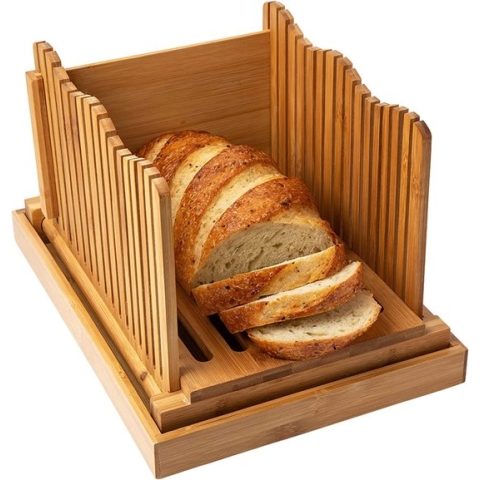 Bamboo Bread Slicer for Homemade Bread Loaf – Wooden Bread Cutting Board with Crumble Holder – Foldable and Compact Loaf Cutter – Thin or Thick Slices