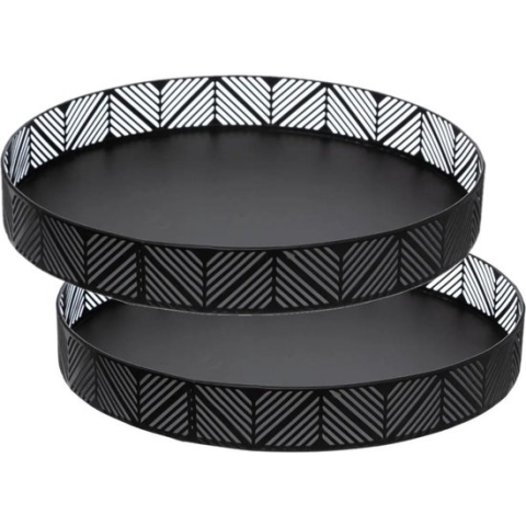 2x stuks dienbladen/serveerbladen rond D30 cm metaal zwart met rand - Serveerbladen, dienbladen & keukenbenodigdheden