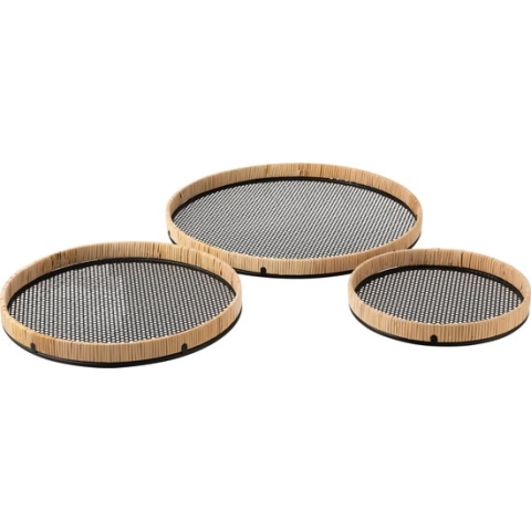 J-Line Set Van 3 Plateaus Rond Metaal/Rotan Zwart/Naturel - Dienblad 50 x 50 cm