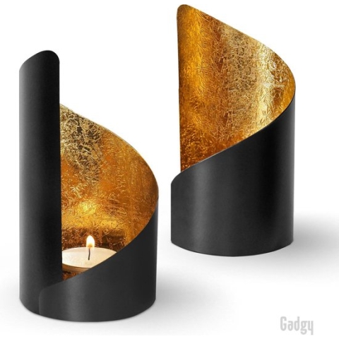 Gadgy Waxinelichthouder Twist - Theelichthouders Set van 2 - Kerst Decoratie - Kerstverlichting Binnen - 16 x Ø 8.5 CM Kerstversiering - Kerstcadeau - Windlicht Metaal - Zwart / Goud