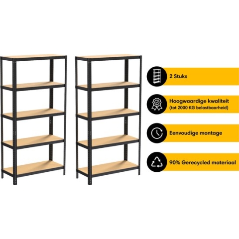 Life’s Green Stelling Set 90 cm - Opbergrek - Stellingkast - 2x 90*40*180 cm - Zwart