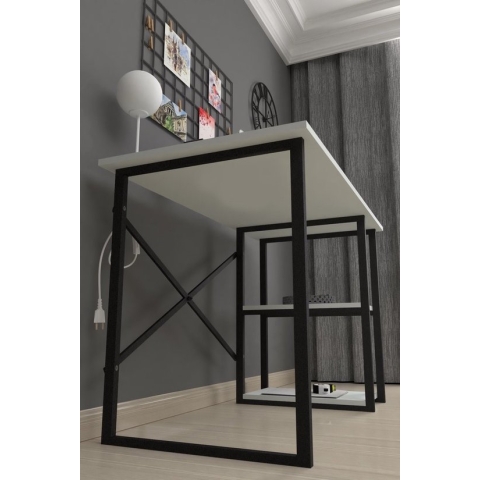 Bureautafel Wit en Metaal - Met opbergplanken - Laptoptafel - Computerbureau - Werktafel - Design Meubels - 60x120x75