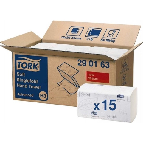 Tork Zachte Z-vouw Handdoek Advanced, 2-laags, wit H3, 24,8x23cm, 15x250st. (290163)