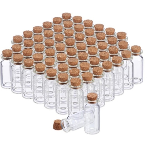 Relaxdays glazen flesjes met kurk - 60 stuks - mini glasflesjes - kleine glaasjes