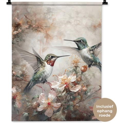 Wandkleed - Wanddoek - Kolibrie - Vogels - Bloemen - Planten - 60x80 cm - Wandtapijt