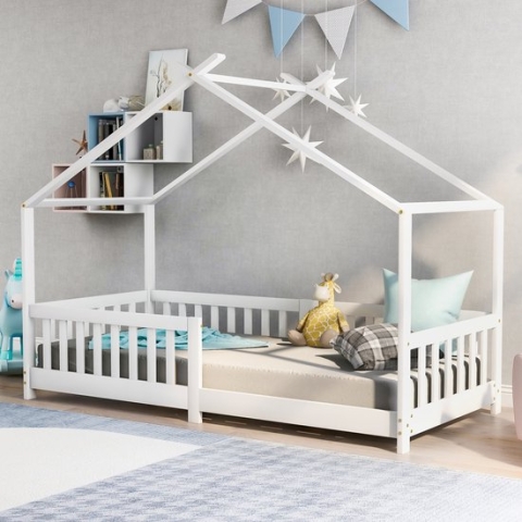 Huisbedden voor kinderen - groot bed met dak en hek - houten bedframe voor kinderen tieners meisjes en jongens - eenvoudige montage Volledig bed op de grond wit 90x190cm