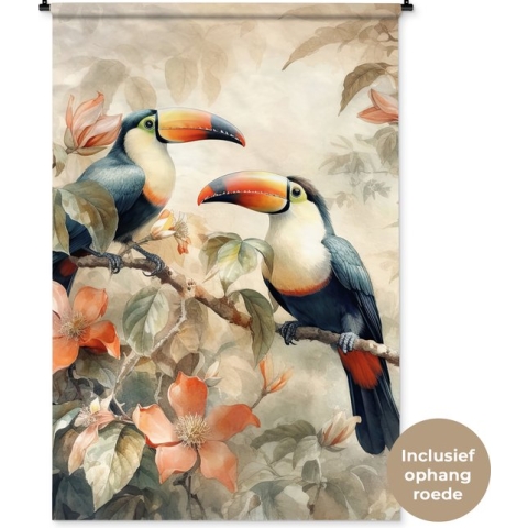 Wandkleed - Wanddoek - Toekan - Vogels - Bloemen - Tak - 120x180 cm - Wandtapijt
