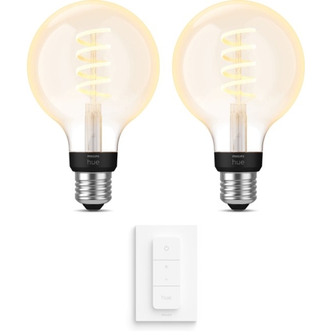 Philips Hue Uitbreidingspakket White Ambiance Filament Globe E27 Klein - 2 Hue Lampen en Dimmer Switch - Warm tot Koelwit Licht - Dimbaar