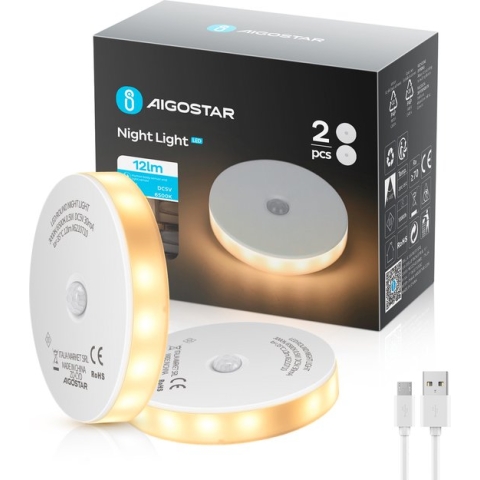 Aigostar 10ZJB - Nachtlampje met Bewegingssensor- Dimbare - Nacht Lamp Kinderen - Babykamer - 2 stuks