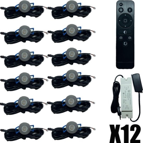 12x LED inbouwspot minispots met trafo en afstandsbediening (dimbaar) 3W / IP65