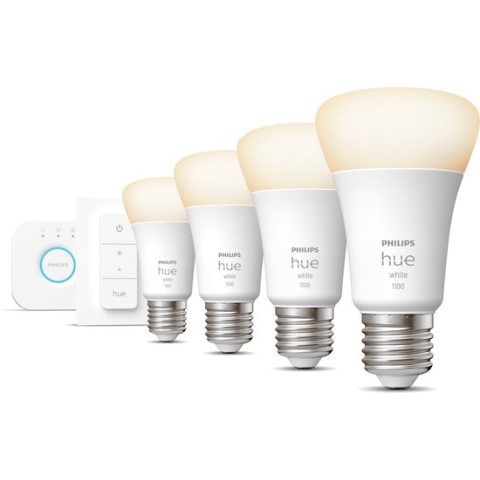 Philips Hue Starterspakket White E27 - 4 Lampen, Bridge en Dimmer Switch - Eenvoudige Installatie - Werkt met Alexa en Google Home