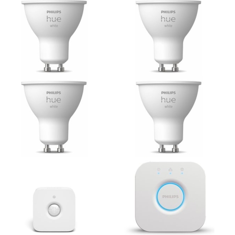 Philips Hue Starterspakket White GU10 - 4 Hue LED lampen en Bridge - Bewegingssensor binnen - Eenvoudige Installatie - Werkt met Alexa en Google Home