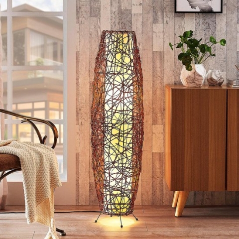 Lindby - vloerlamp - 2 lichts - rotan, stof, metaal - H: 111 cm - E14 - bruin, wit