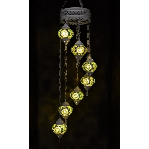 Hanglamp multicolour groen glas mozaïek Oosterse lamp kroonluchter Crèmewit 7 bollen