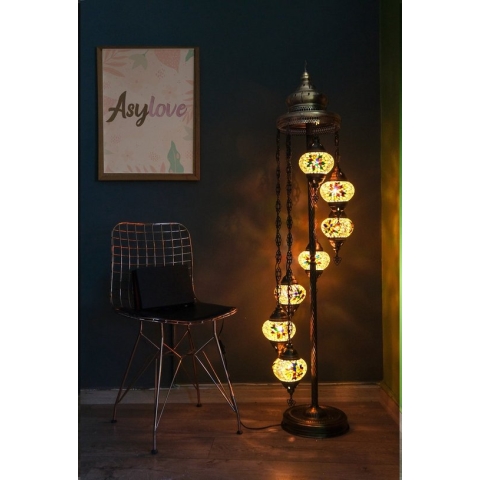 Handmade Turkse staandelamp 7 bollen Oosterse vloerlamp mozaïek multicolour geel