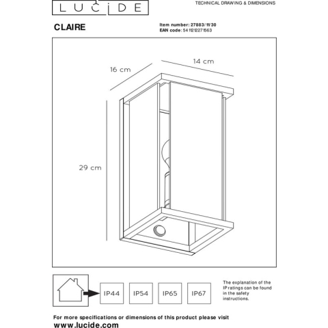 Lucide CLAIRE Wandlamp Buiten - 1xE27 - IP54 - Antraciet