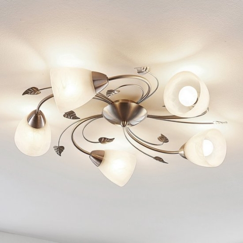 Lindby - plafondlamp - 5 lichts - metaal, glas - H: 15 cm - E14 - nikkel, wit