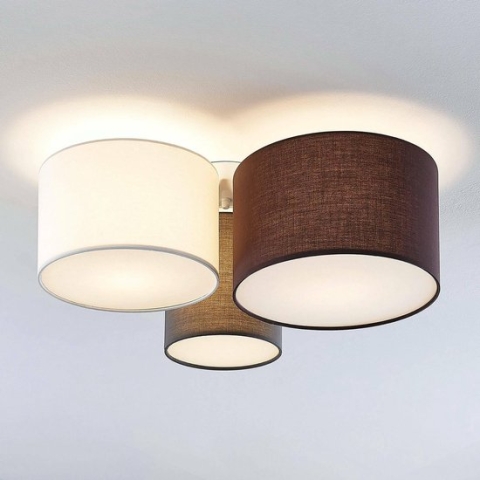 Lindby - plafondlamp - 3 lichts - stof, metaal - H: 25.5 cm - E27 - grijs, wit, bruin