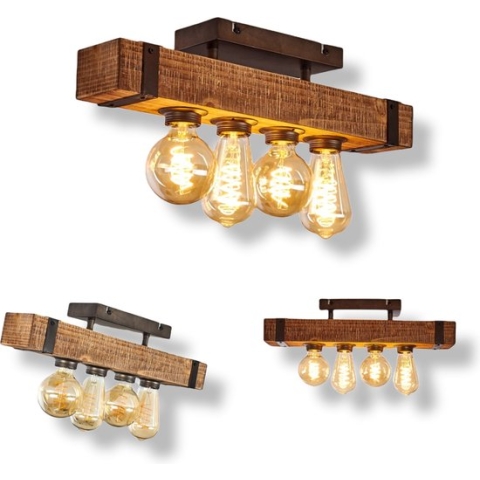Woonkamer Plafondlamp - Eetkamer Plafondlamp - Plafondlamp Hout - Vintage Rechthoekige Loft Lamp - Industriële zwarte Plafondlamp, donker hout, 4 lichts