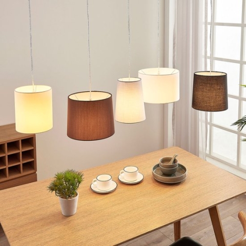 Lindby - Hanglamp - 5 lichts - stof, metaal - E27 - wit, bruin, grijs, beige, zwart, gesatineerd nikkel