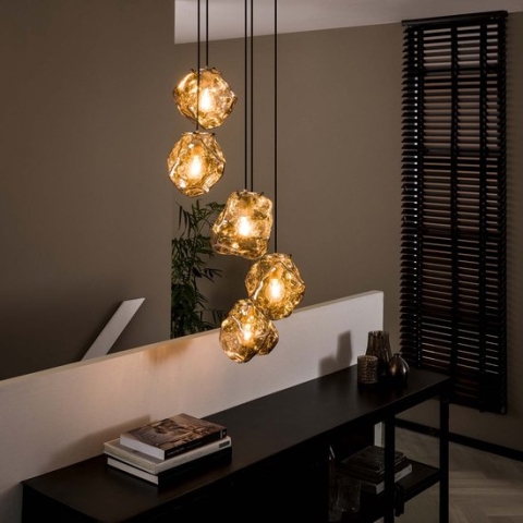 Hanglamp Rock getrapt chromed glass | 5 lichts | charcoal / grijs / zwart | glas / metaal | in hoogte verstelbaar tot 150 cm | eetkamer / woonkamer lamp | modern / sfeervol design