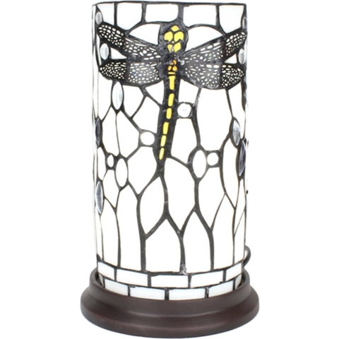 LumiLamp Tiffany Tafellamp Ø 15x26 cm Wit Grijs Glas Kunststof Rond Libelle Tiffany Bureaulamp