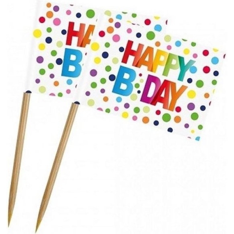 50x stuks Happy B-day cocktailprikkers met stippen 6,5 cm - Happy Birthday thema feestartikelen