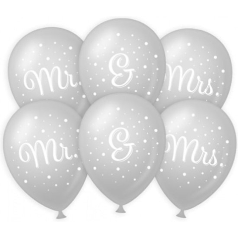 Paperdreams Ballonnen - Mr. & Mrs huwelijks feest - 6x stuks - zilver/wit - 30 cm