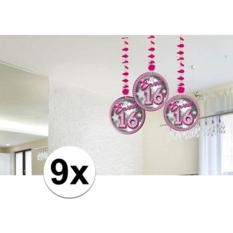 9x Sweet 16 leeftijd feest versiering rotorspiralen
