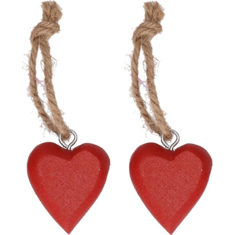 Set van 2x stuks rode hartjes aan touwtje 5 cm - Sleutelhangers - Valsentijnsdag decoratie hangertjes