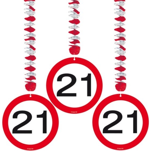 9x stuks rotorspiralen 21 jaar verkeersborden - Verjaardag feestartikelen/versiering