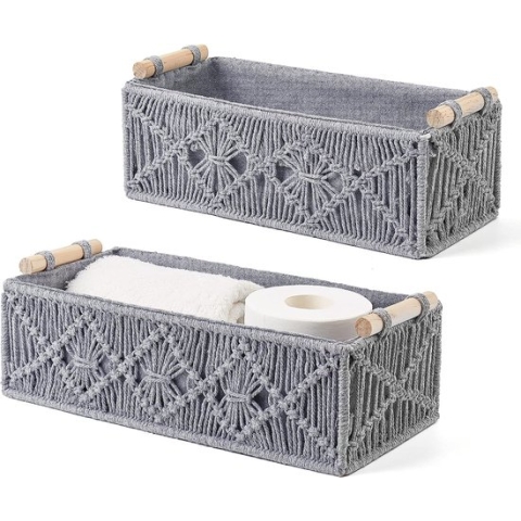 Macrame Opbergmanden Decor Box Handgemaakt Geweven Decoratief Aanrecht Toilet Tank Plank Kast Organizer Boho Decor voor Slaapkamer Kinderkamer Woonkamer Set van 2, Grijs