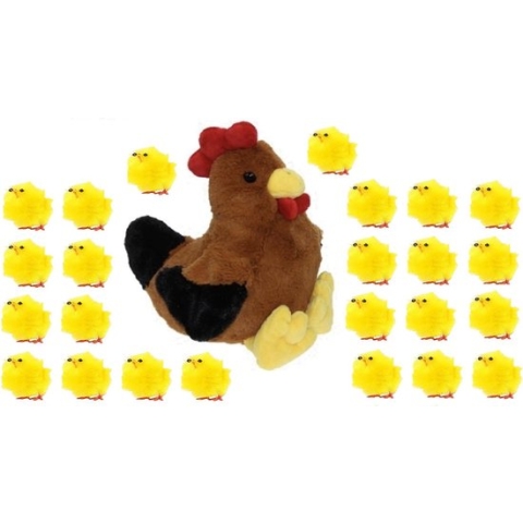 Pluche bruine kippen/hanen knuffel van 25 cm met 24x stuks mini kuikentjes 3 cm - Paas/pasen decoratie