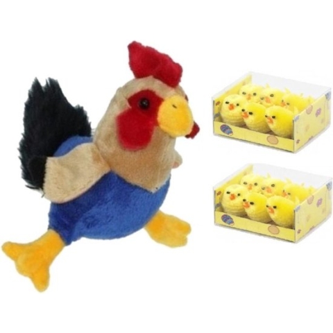 Pluche kippen/hanen knuffel van 20 cm met 12x stuks mini kuikentjes 3,5 cm - Paas/pasen decoratie