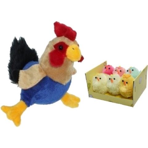 Pluche kippen/hanen knuffel van 20 cm met 6x stuks mini gekleurde kuikentjes 4 cm - Paas/pasen decoratie