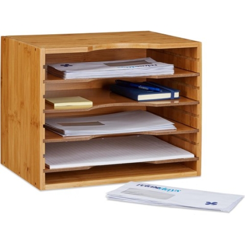 Relaxdays brievenbakje bamboe, brieven organizer, sorteerbak bureau brievenvak
