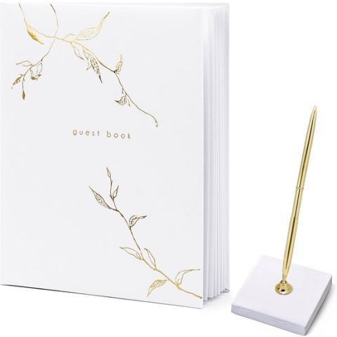 Gastenboek/receptieboek met luxe pen in houder - Bruiloft - wit/goud - 20 x 24,5 cm
