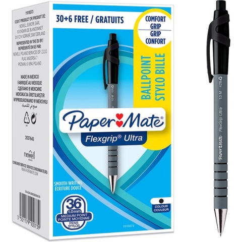Paper Mate Flexgrip Ultra balpennen | Intrekbare Medium Punt (1,0 mm) | Zwart | 36 stuks