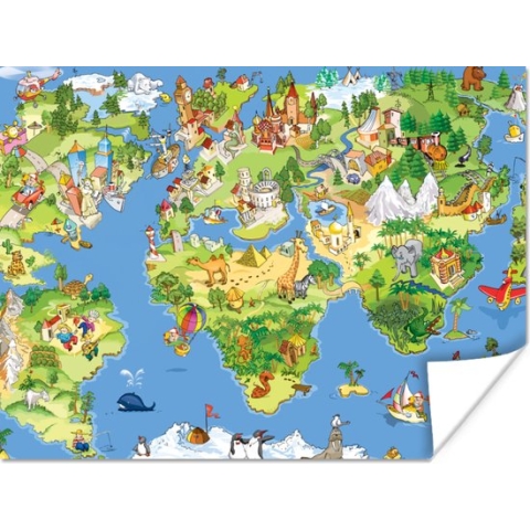 Poster kinderen - Kinderkamer decoratie - Wereldkaart - Kinderen - Natuur - Dieren - Blauw - Groen - Kinder decoratie - 160x120 cm - Poster kinderkamer